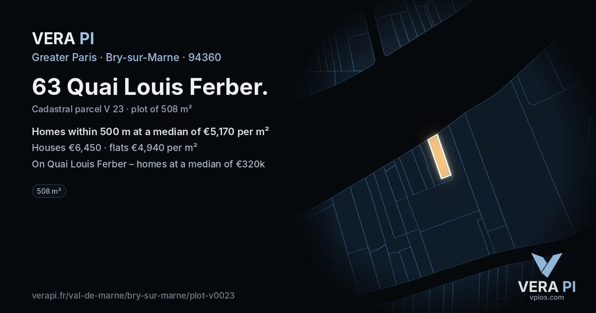 63 Quai Louis Ferber, Bry-sur-Marne at night – the plot lit, the parcels around coloured by the prices near them