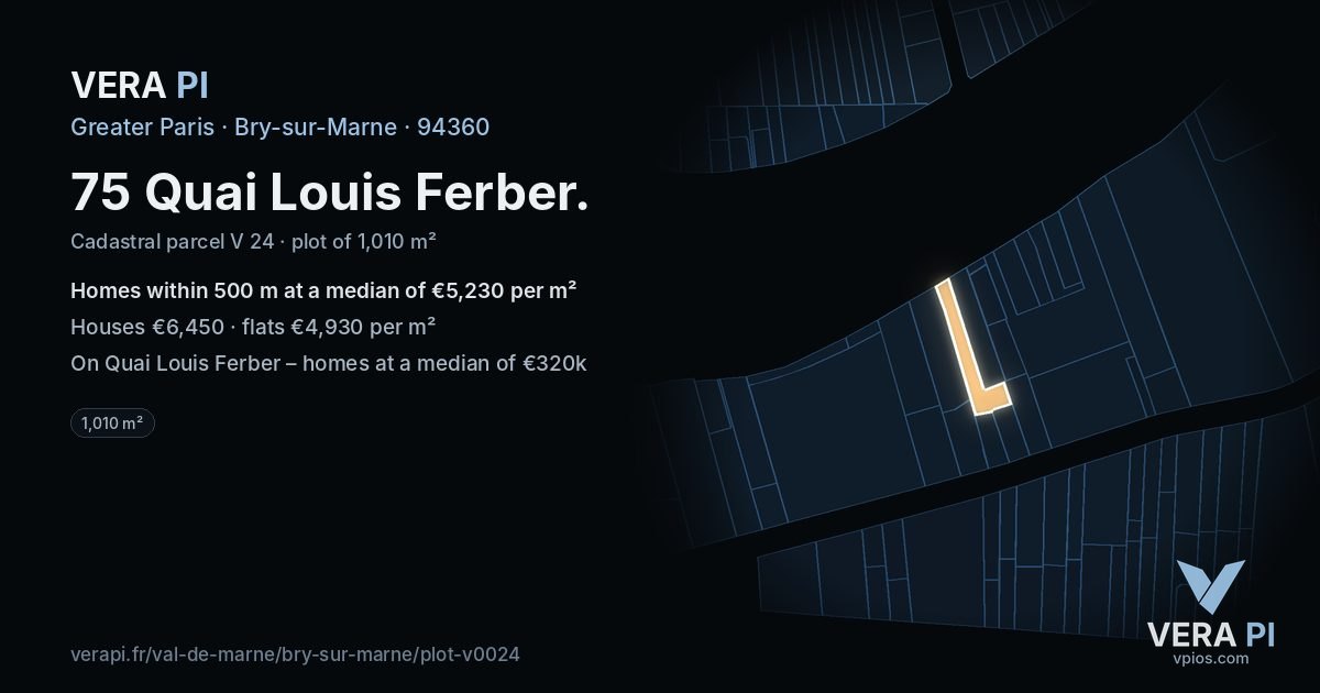 75 Quai Louis Ferber, Bry-sur-Marne at night – the plot lit, the parcels around coloured by the prices near them