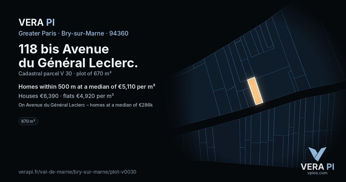 118 bis Avenue du Général Leclerc, Bry-sur-Marne at night – the plot lit, the parcels around coloured by the prices near them