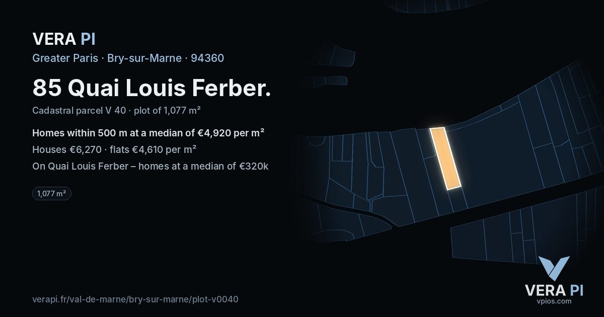85 Quai Louis Ferber, Bry-sur-Marne at night – the plot lit, the parcels around coloured by the prices near them