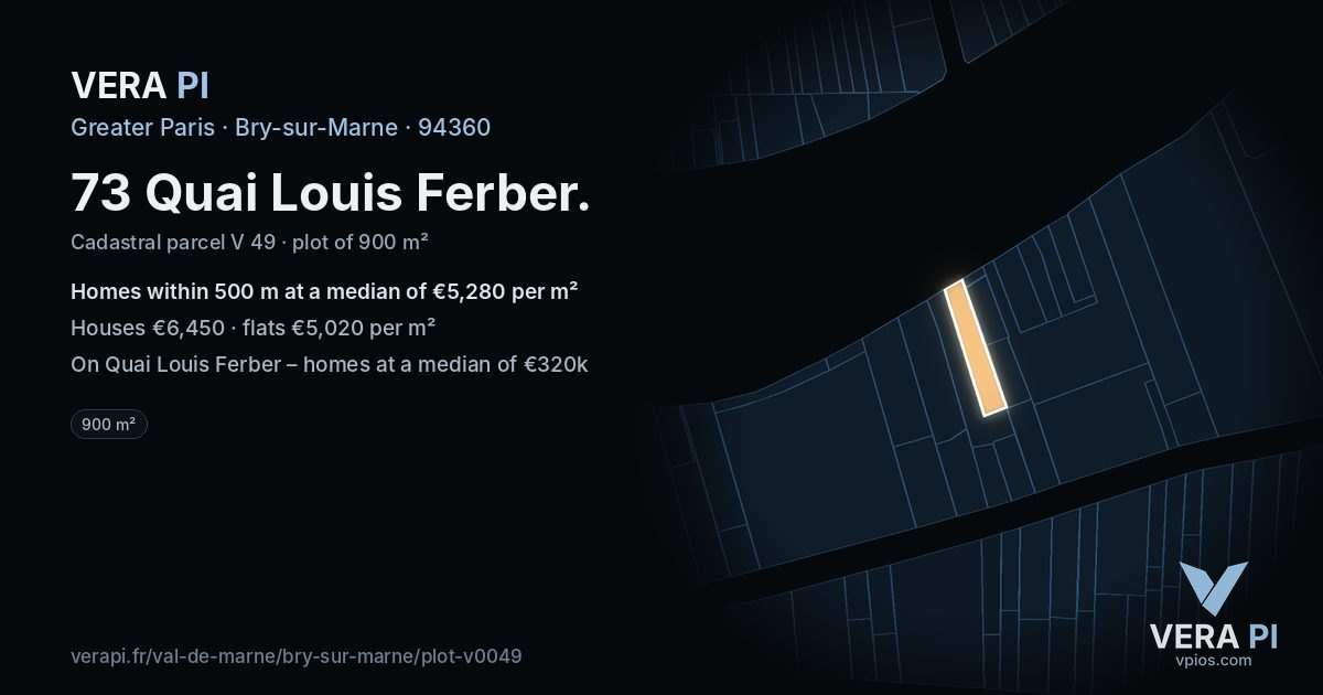 73 Quai Louis Ferber, Bry-sur-Marne at night – the plot lit, the parcels around coloured by the prices near them