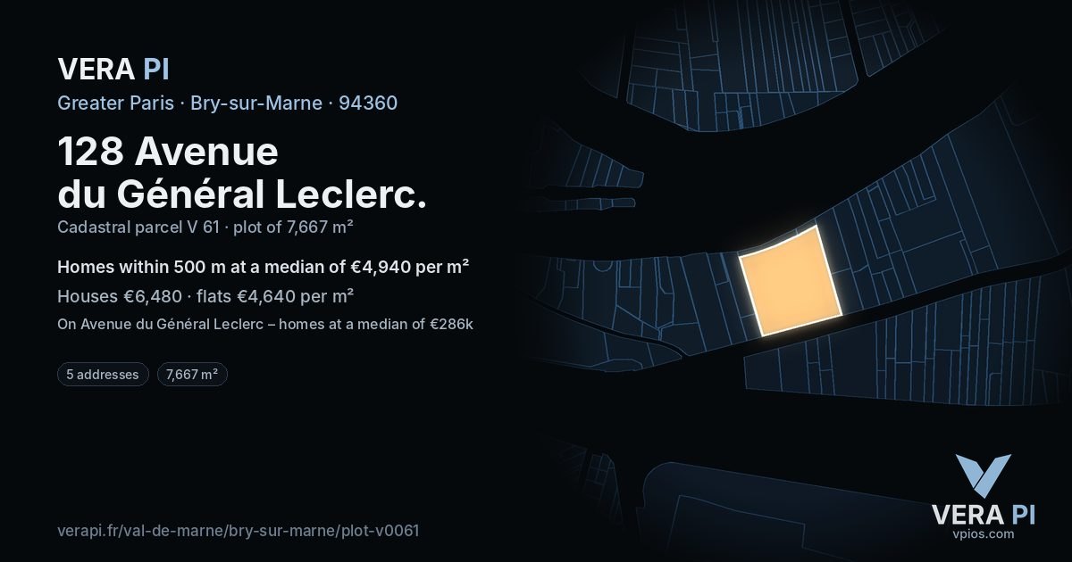 128 Avenue du Général Leclerc, Bry-sur-Marne at night – the plot lit, the parcels around coloured by the prices near them