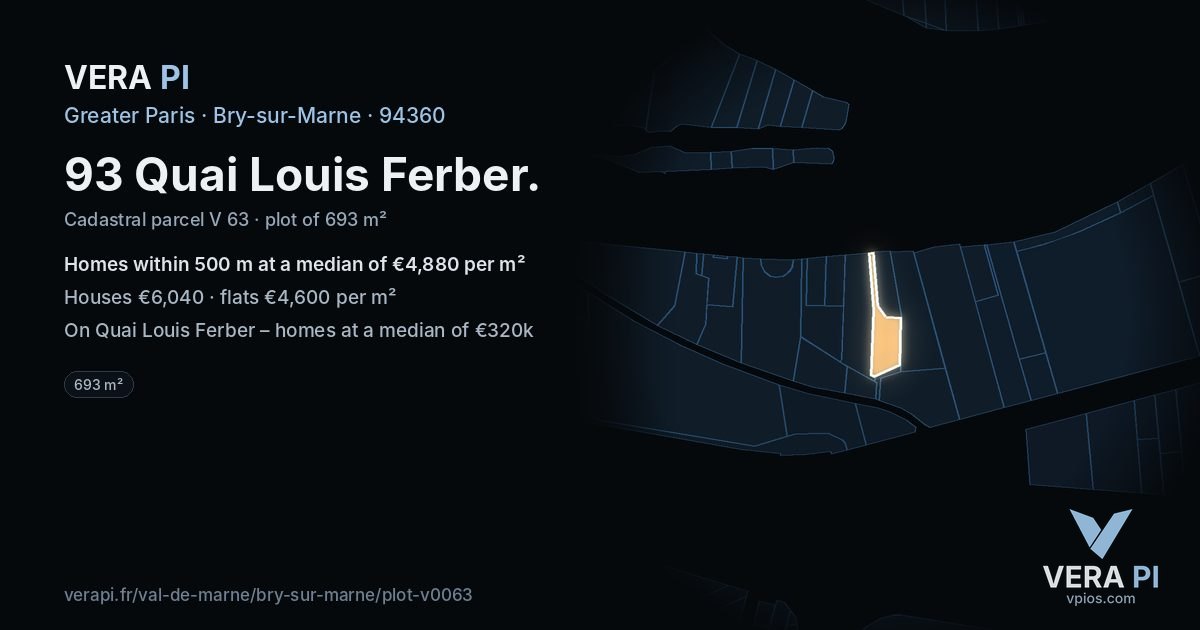 93 Quai Louis Ferber, Bry-sur-Marne at night – the plot lit, the parcels around coloured by the prices near them