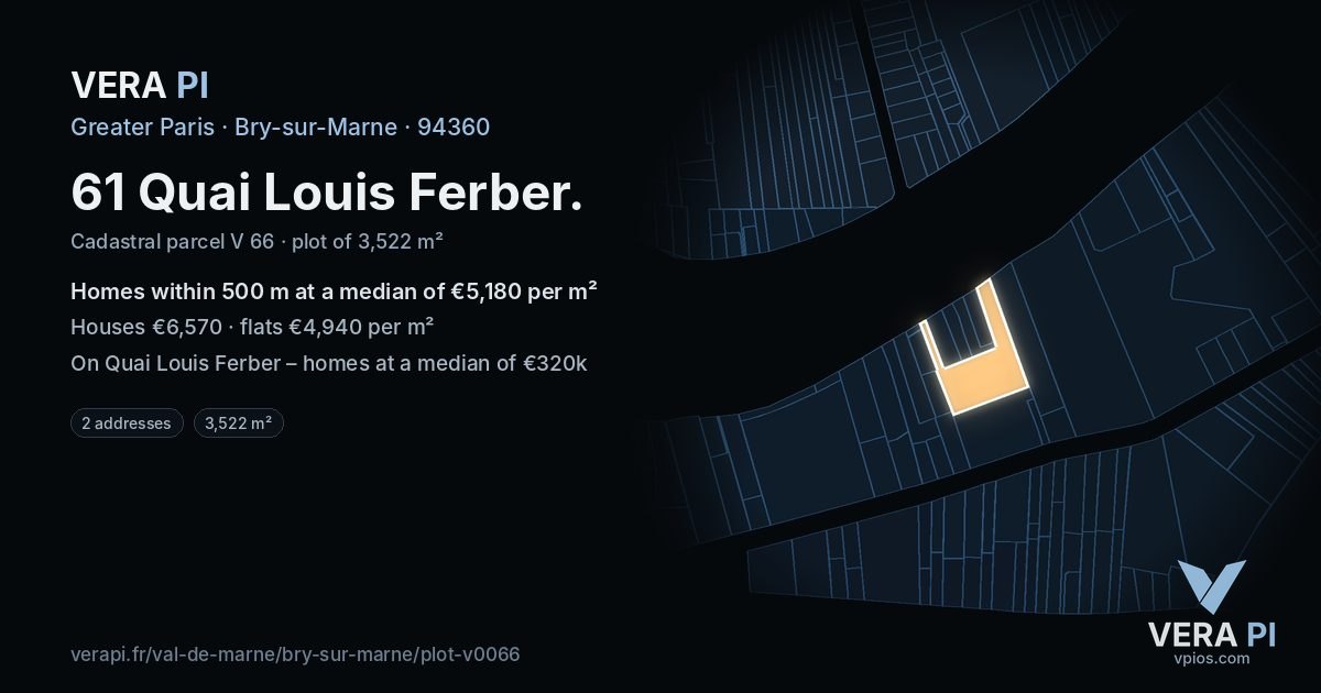 61 Quai Louis Ferber, Bry-sur-Marne at night – the plot lit, the parcels around coloured by the prices near them