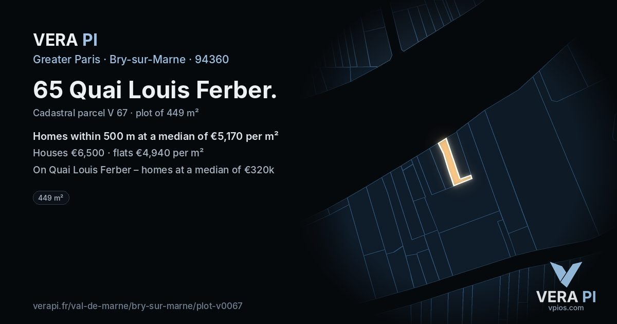 65 Quai Louis Ferber, Bry-sur-Marne at night – the plot lit, the parcels around coloured by the prices near them