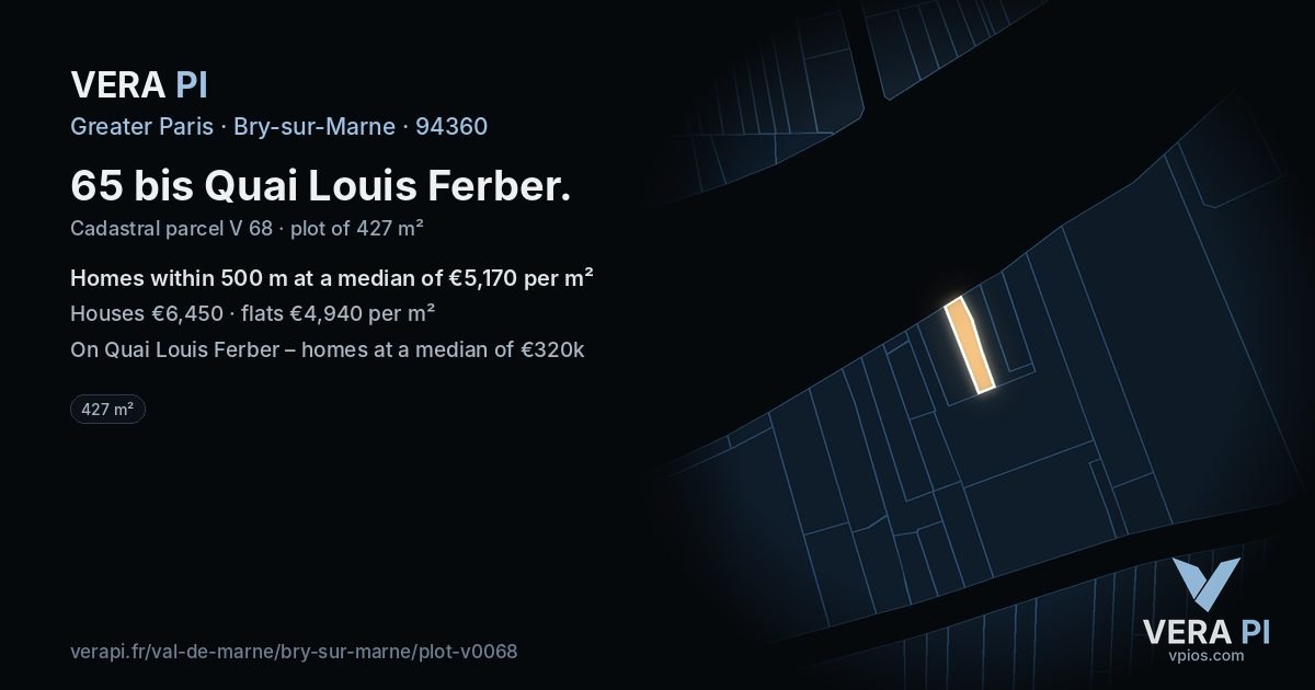 65 bis Quai Louis Ferber, Bry-sur-Marne at night – the plot lit, the parcels around coloured by the prices near them