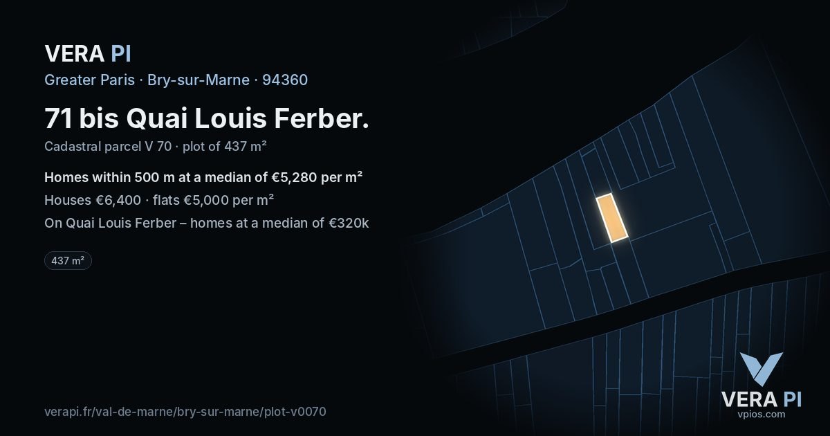 71 bis Quai Louis Ferber, Bry-sur-Marne at night – the plot lit, the parcels around coloured by the prices near them