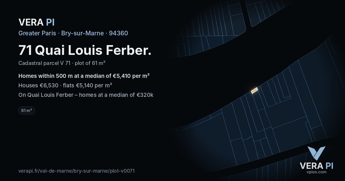 71 Quai Louis Ferber, Bry-sur-Marne at night – the plot lit, the parcels around coloured by the prices near them