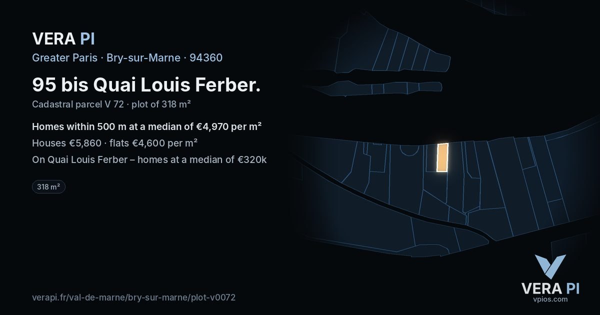95 bis Quai Louis Ferber, Bry-sur-Marne at night – the plot lit, the parcels around coloured by the prices near them
