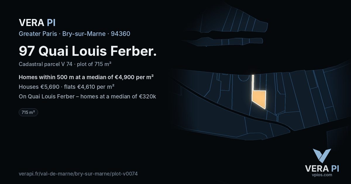 97 Quai Louis Ferber, Bry-sur-Marne at night – the plot lit, the parcels around coloured by the prices near them