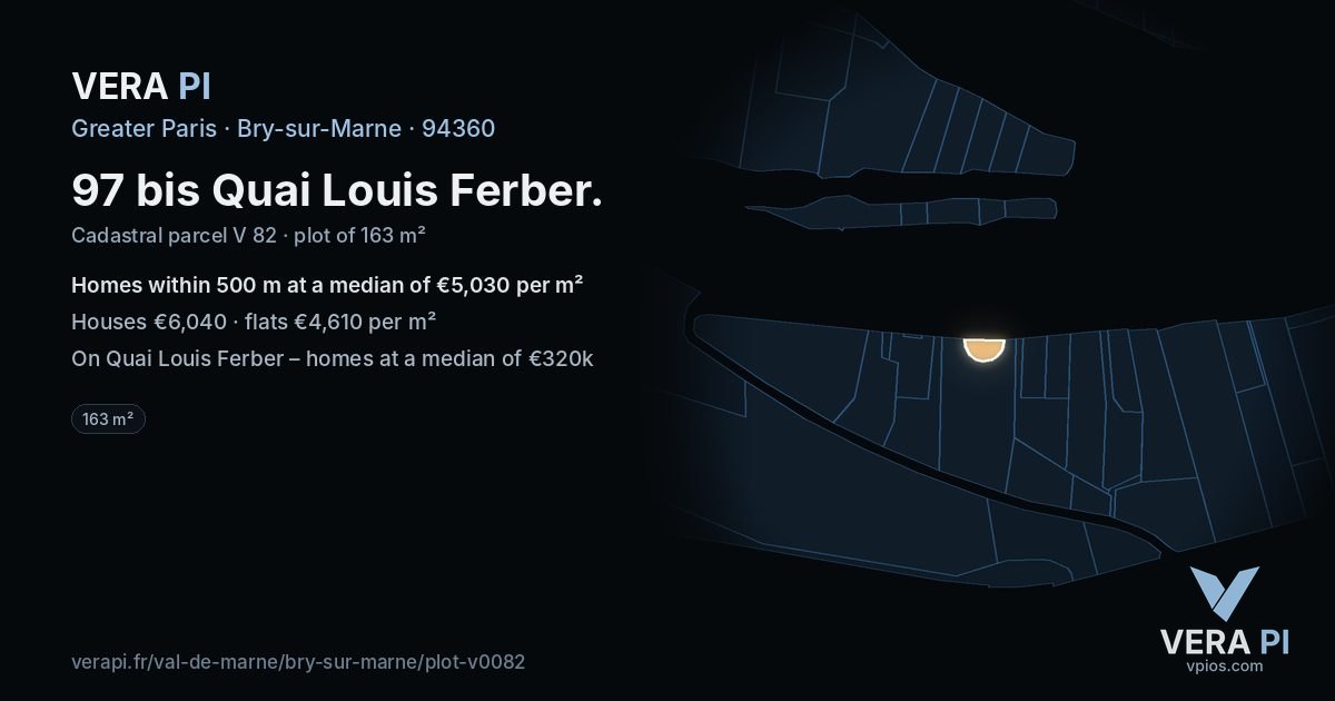 97 bis Quai Louis Ferber, Bry-sur-Marne at night – the plot lit, the parcels around coloured by the prices near them