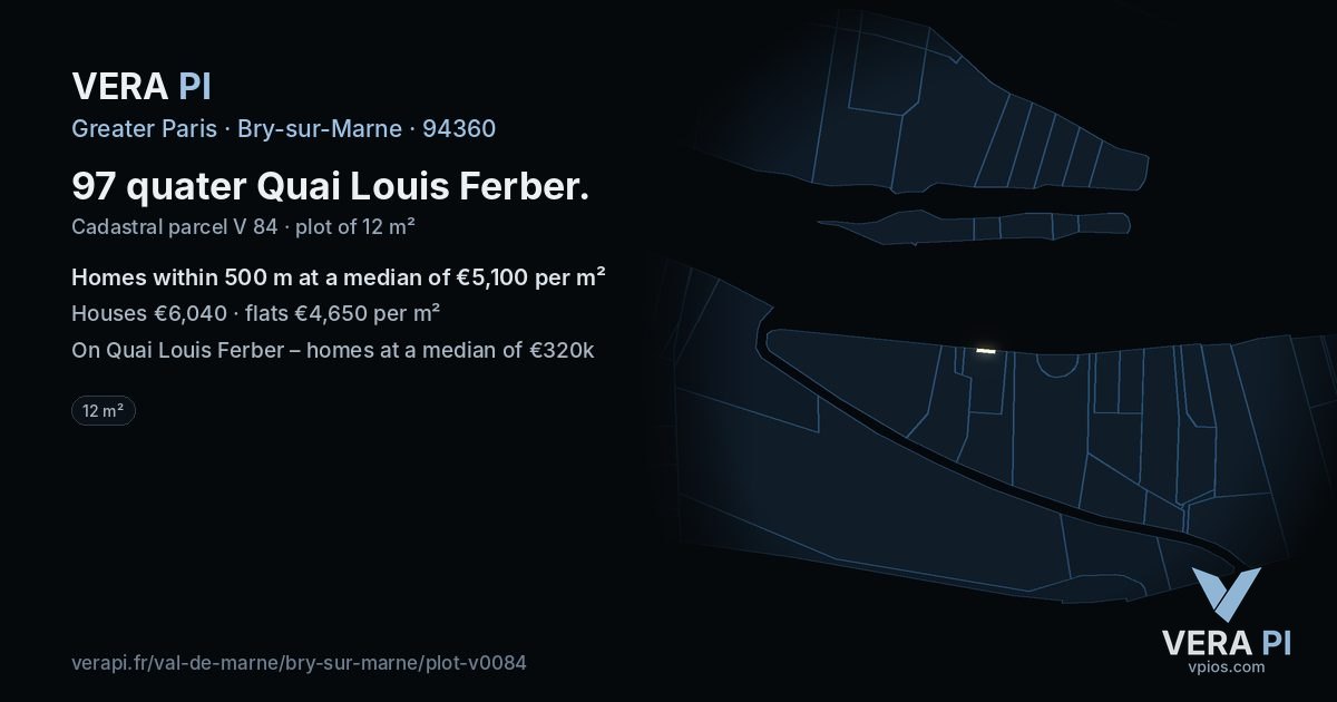 97 quater Quai Louis Ferber, Bry-sur-Marne at night – the plot lit, the parcels around coloured by the prices near them