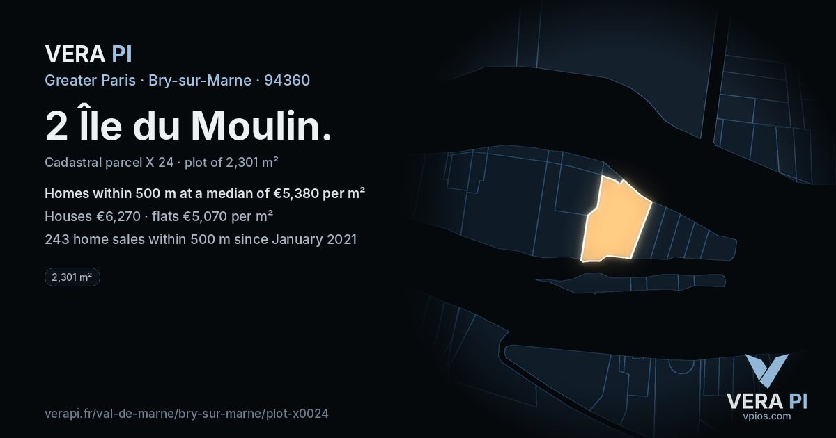 2 Île du Moulin, Bry-sur-Marne at night – the plot lit, the parcels around coloured by the prices near them