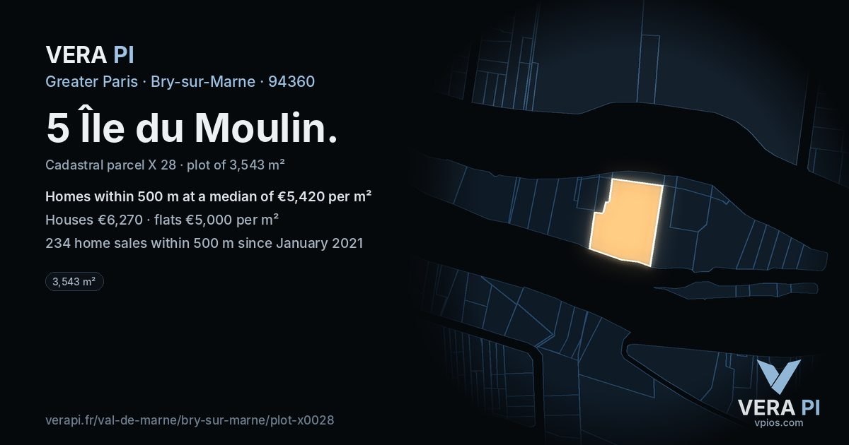 5 Île du Moulin, Bry-sur-Marne at night – the plot lit, the parcels around coloured by the prices near them