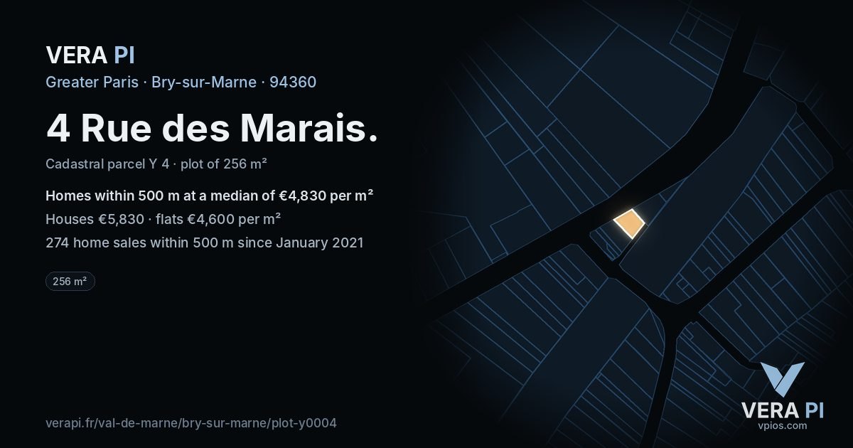 4 Rue des Marais, Bry-sur-Marne at night – the plot lit, the parcels around coloured by the prices near them