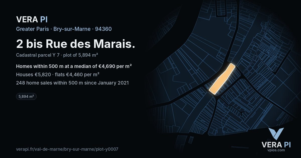 2 bis Rue des Marais, Bry-sur-Marne at night – the plot lit, the parcels around coloured by the prices near them