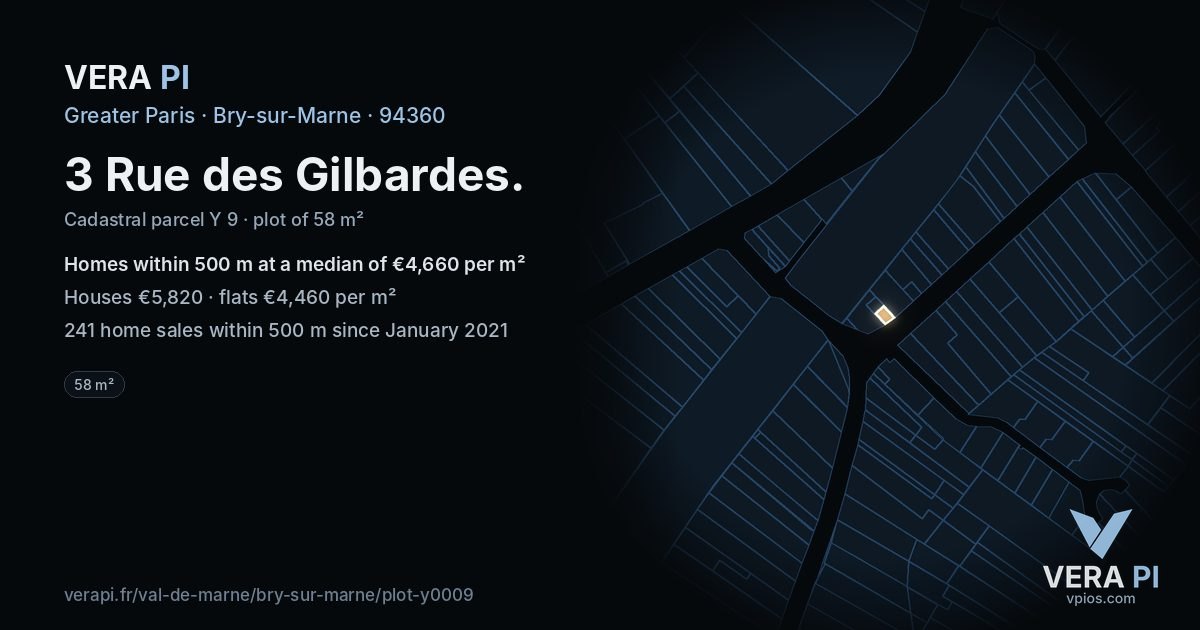 3 Rue des Gilbardes, Bry-sur-Marne at night – the plot lit, the parcels around coloured by the prices near them