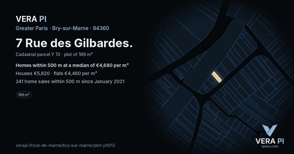 7 Rue des Gilbardes, Bry-sur-Marne at night – the plot lit, the parcels around coloured by the prices near them