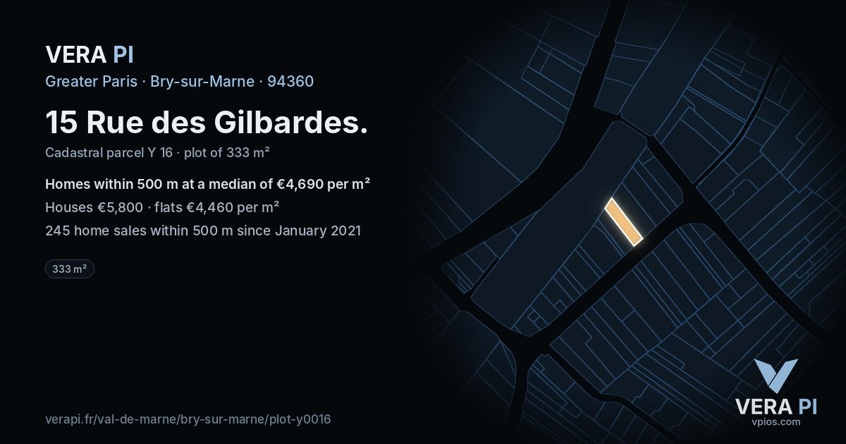 15 Rue des Gilbardes, Bry-sur-Marne at night – the plot lit, the parcels around coloured by the prices near them