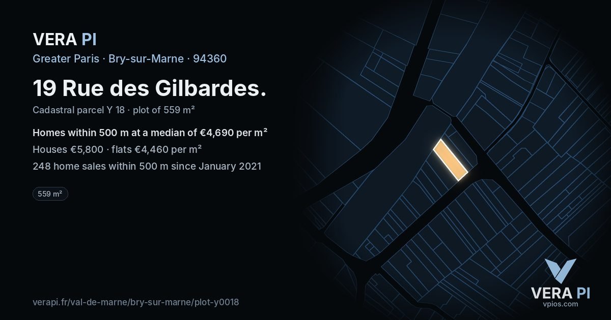 19 Rue des Gilbardes, Bry-sur-Marne at night – the plot lit, the parcels around coloured by the prices near them
