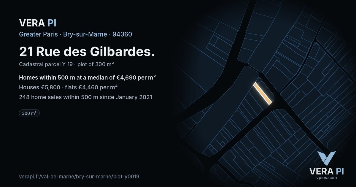 21 Rue des Gilbardes, Bry-sur-Marne at night – the plot lit, the parcels around coloured by the prices near them