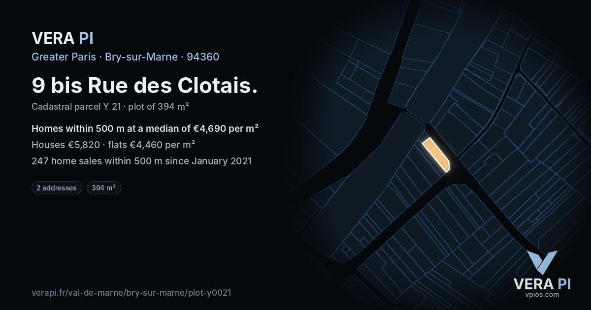 9 bis Rue des Clotais, Bry-sur-Marne at night – the plot lit, the parcels around coloured by the prices near them