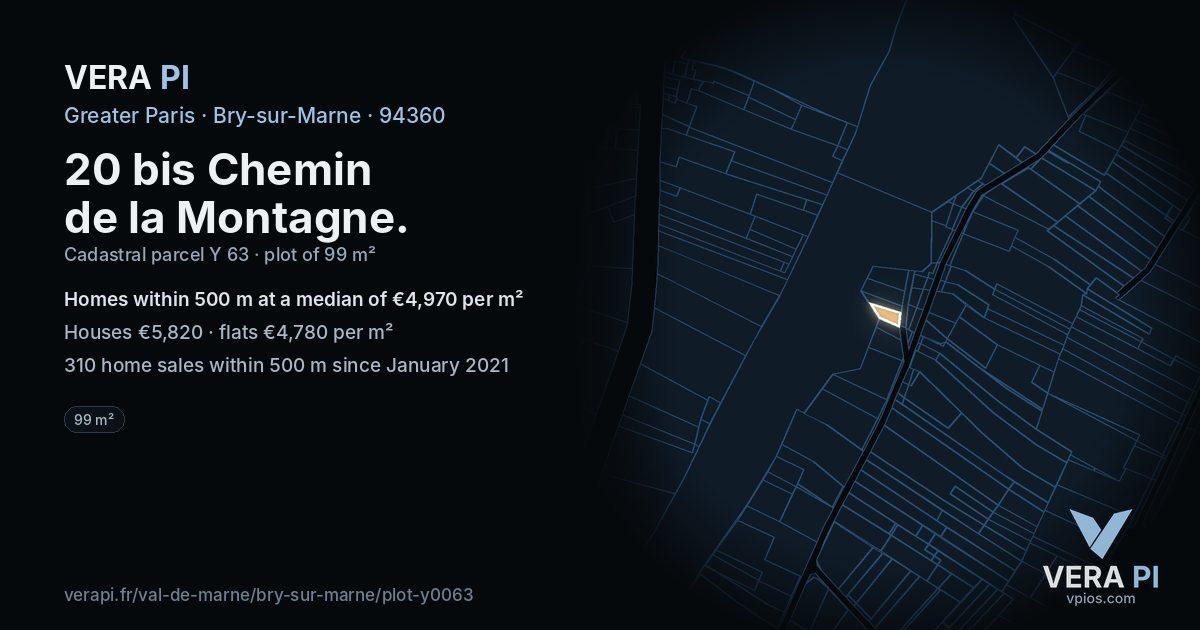 20 bis Chemin de la Montagne, Bry-sur-Marne at night – the plot lit, the parcels around coloured by the prices near them