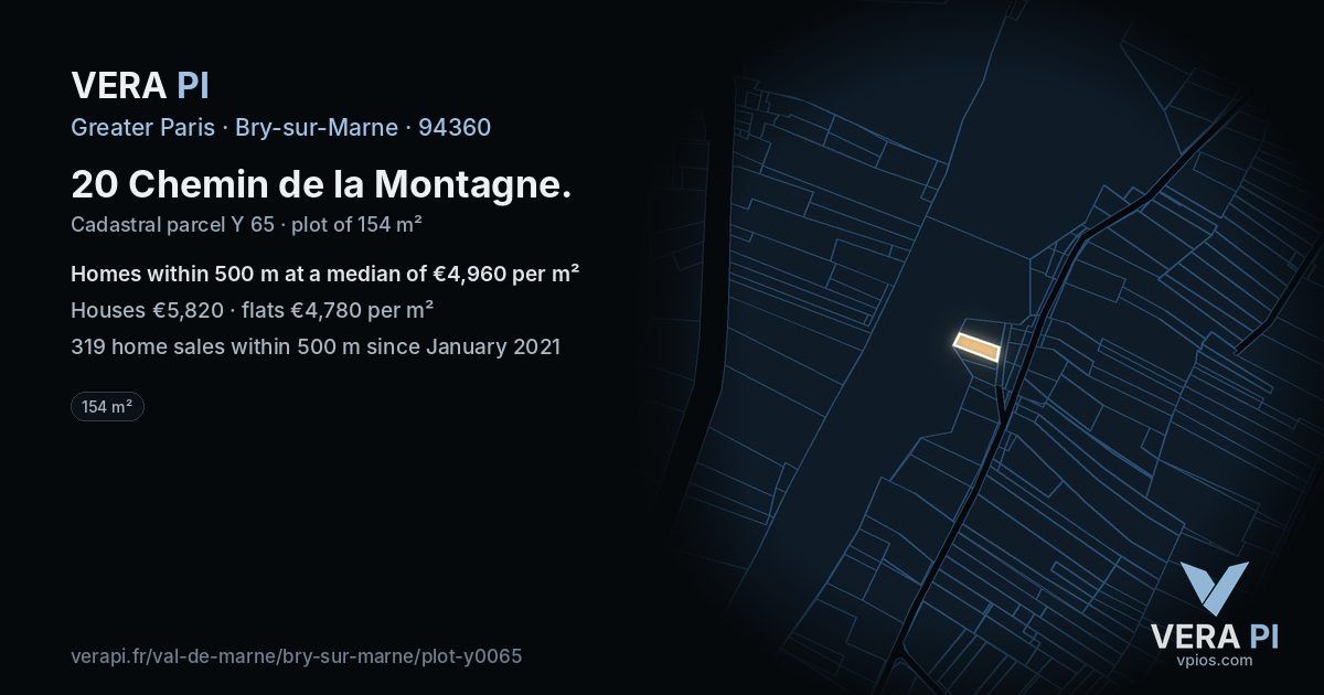 20 Chemin de la Montagne, Bry-sur-Marne at night – the plot lit, the parcels around coloured by the prices near them