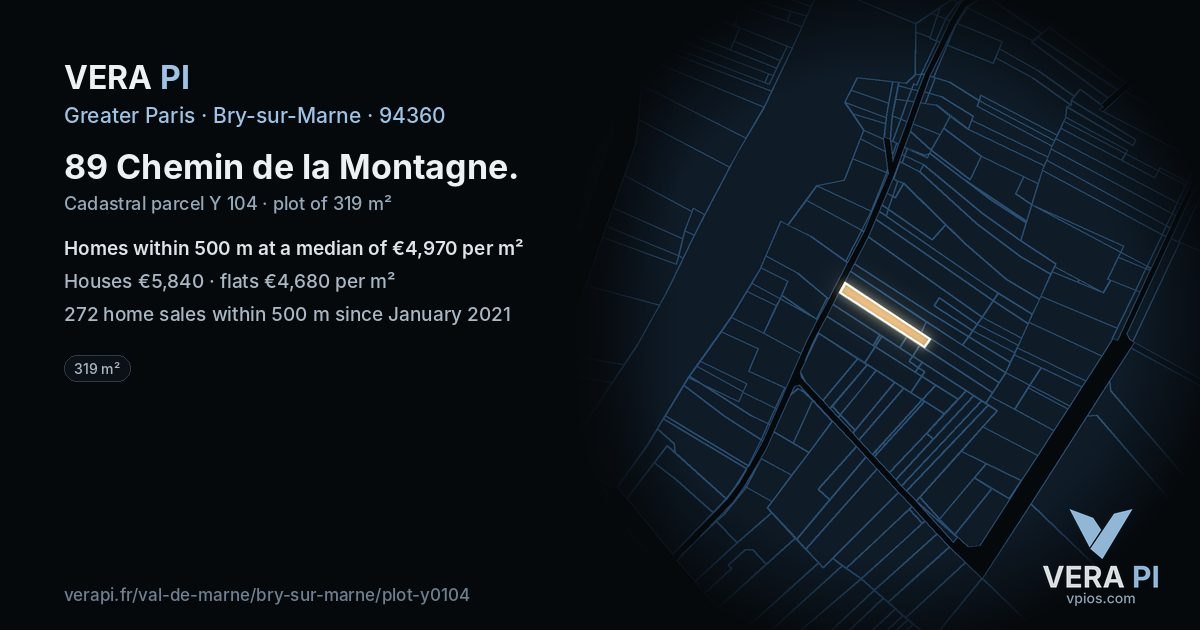 89 Chemin de la Montagne, Bry-sur-Marne at night – the plot lit, the parcels around coloured by the prices near them