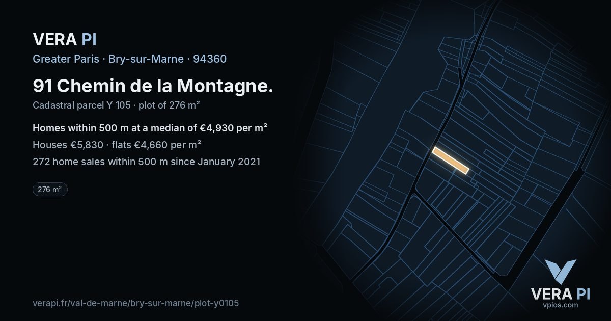 91 Chemin de la Montagne, Bry-sur-Marne at night – the plot lit, the parcels around coloured by the prices near them