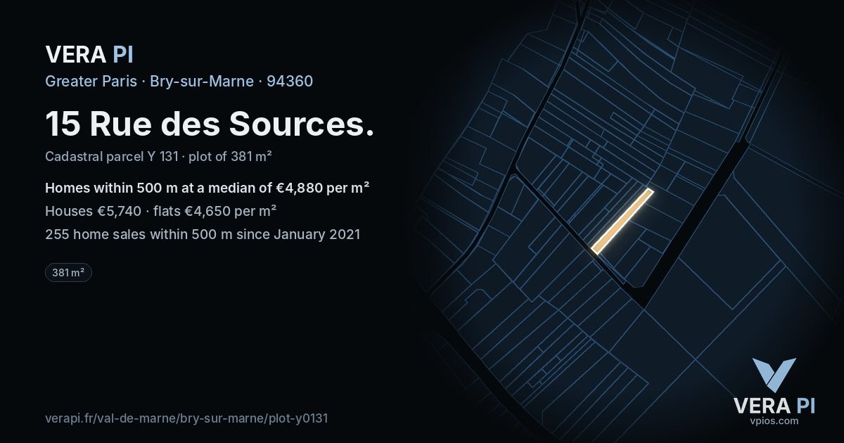 15 Rue des Sources, Bry-sur-Marne at night – the plot lit, the parcels around coloured by the prices near them