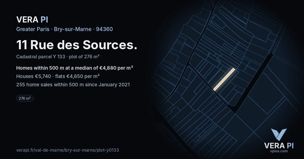 11 Rue des Sources, Bry-sur-Marne at night – the plot lit, the parcels around coloured by the prices near them