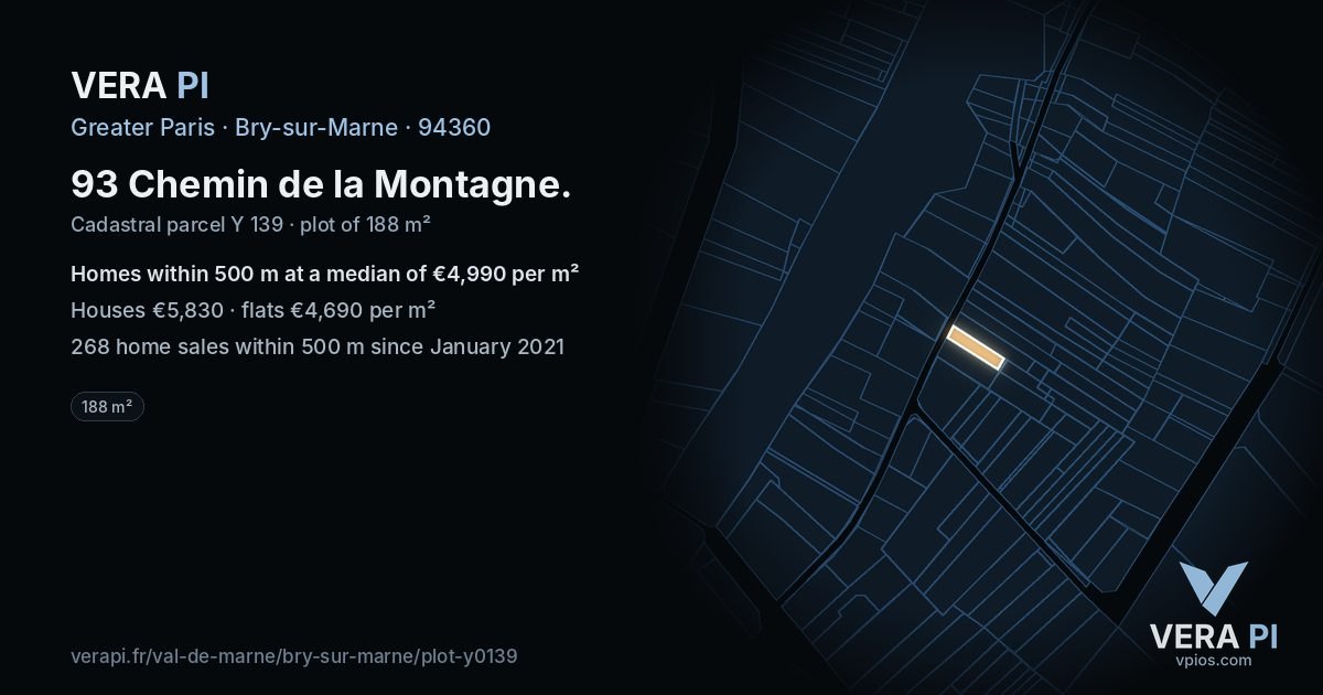 93 Chemin de la Montagne, Bry-sur-Marne at night – the plot lit, the parcels around coloured by the prices near them