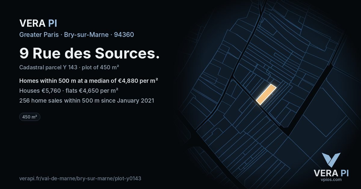 9 Rue des Sources, Bry-sur-Marne at night – the plot lit, the parcels around coloured by the prices near them