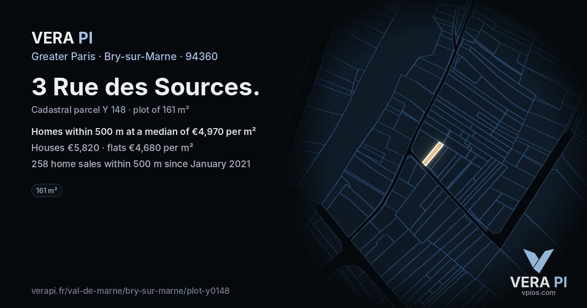 3 Rue des Sources, Bry-sur-Marne at night – the plot lit, the parcels around coloured by the prices near them