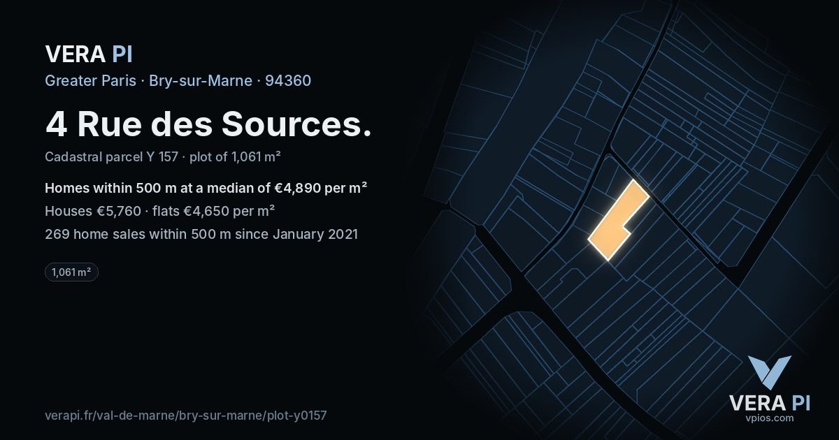 4 Rue des Sources, Bry-sur-Marne at night – the plot lit, the parcels around coloured by the prices near them