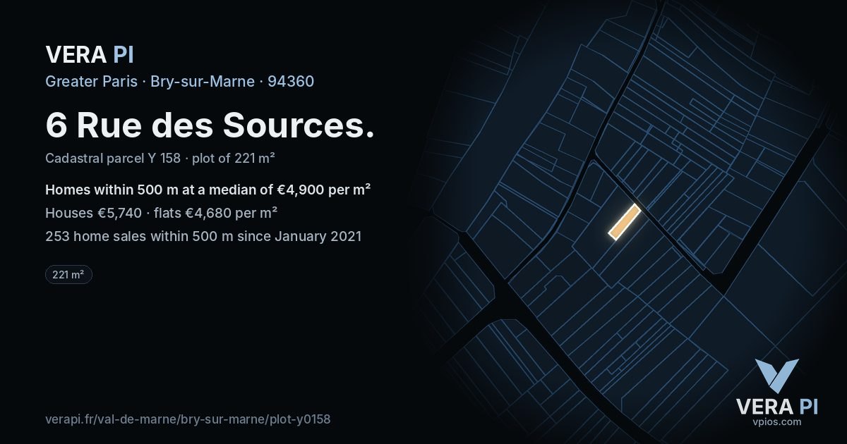 6 Rue des Sources, Bry-sur-Marne at night – the plot lit, the parcels around coloured by the prices near them