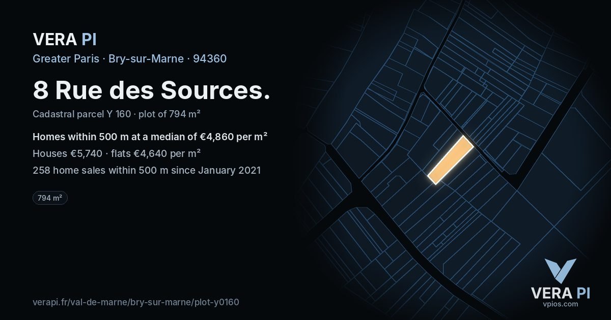 8 Rue des Sources, Bry-sur-Marne at night – the plot lit, the parcels around coloured by the prices near them