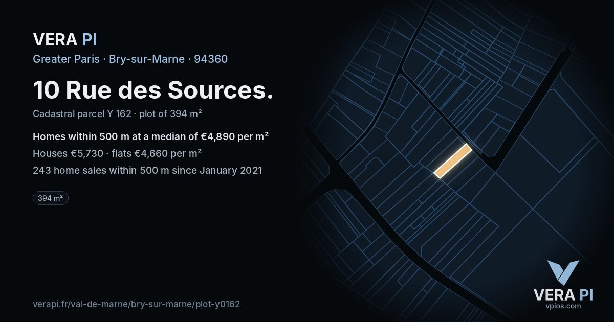 10 Rue des Sources, Bry-sur-Marne at night – the plot lit, the parcels around coloured by the prices near them