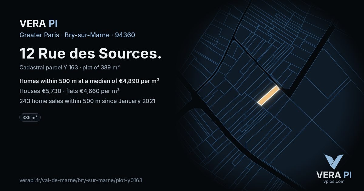 12 Rue des Sources, Bry-sur-Marne at night – the plot lit, the parcels around coloured by the prices near them