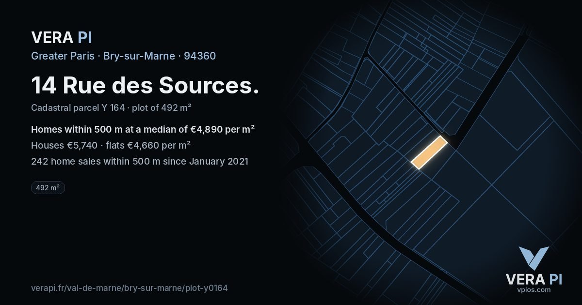 14 Rue des Sources, Bry-sur-Marne at night – the plot lit, the parcels around coloured by the prices near them