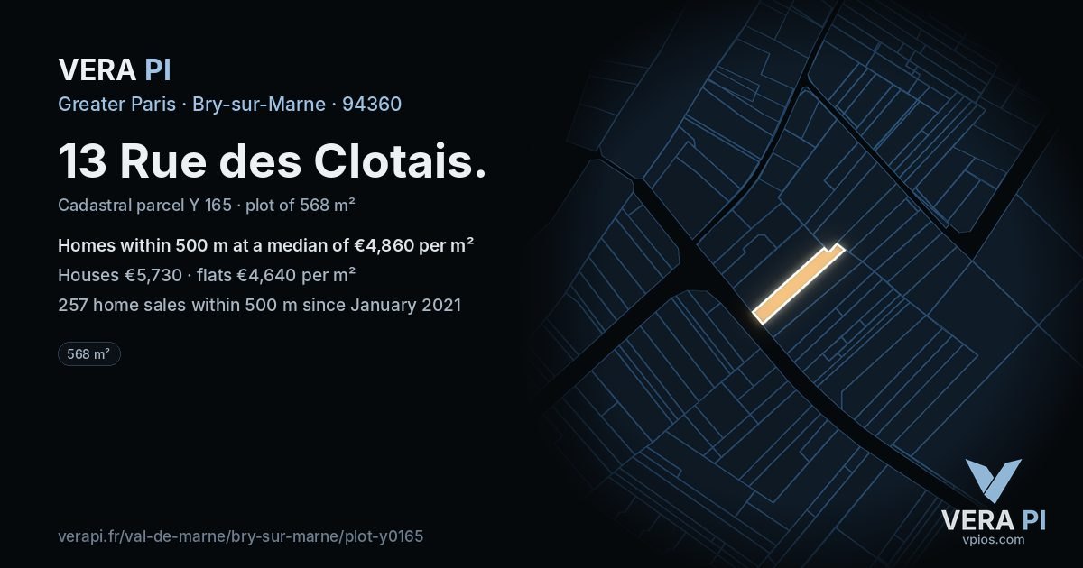 13 Rue des Clotais, Bry-sur-Marne at night – the plot lit, the parcels around coloured by the prices near them