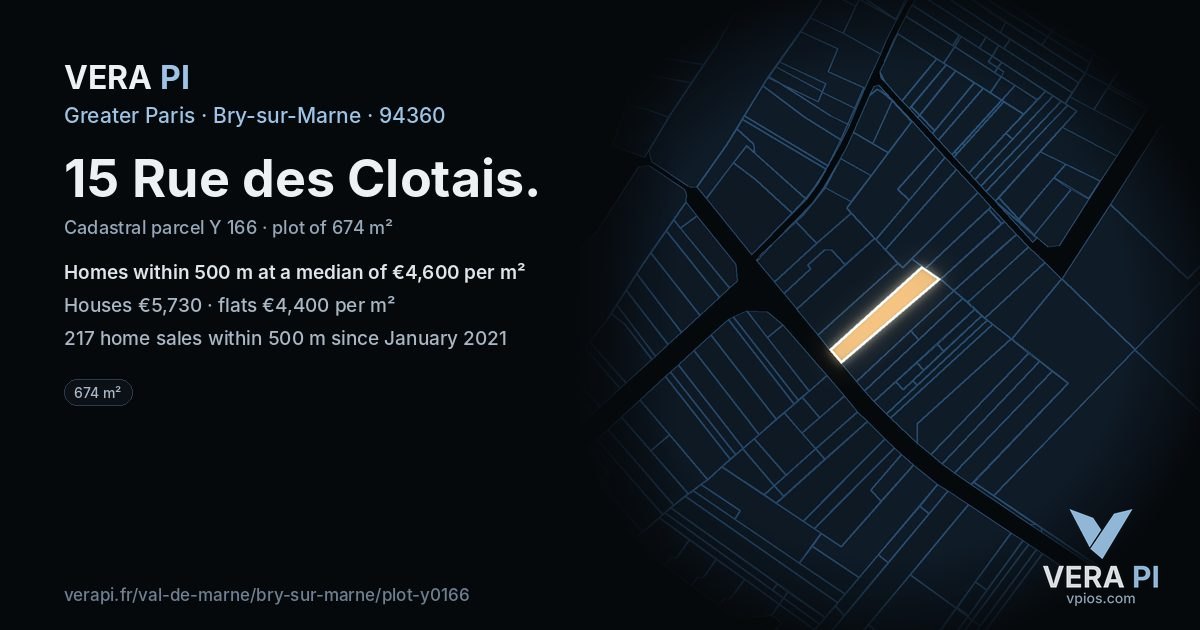 15 Rue des Clotais, Bry-sur-Marne at night – the plot lit, the parcels around coloured by the prices near them
