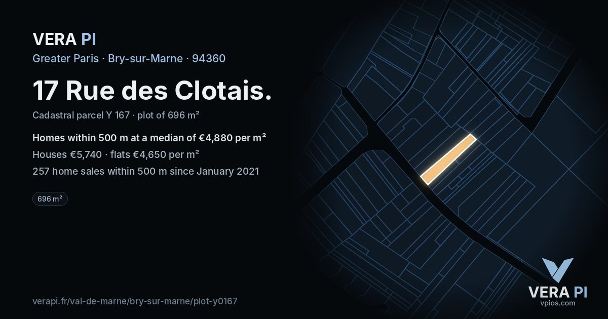 17 Rue des Clotais, Bry-sur-Marne at night – the plot lit, the parcels around coloured by the prices near them