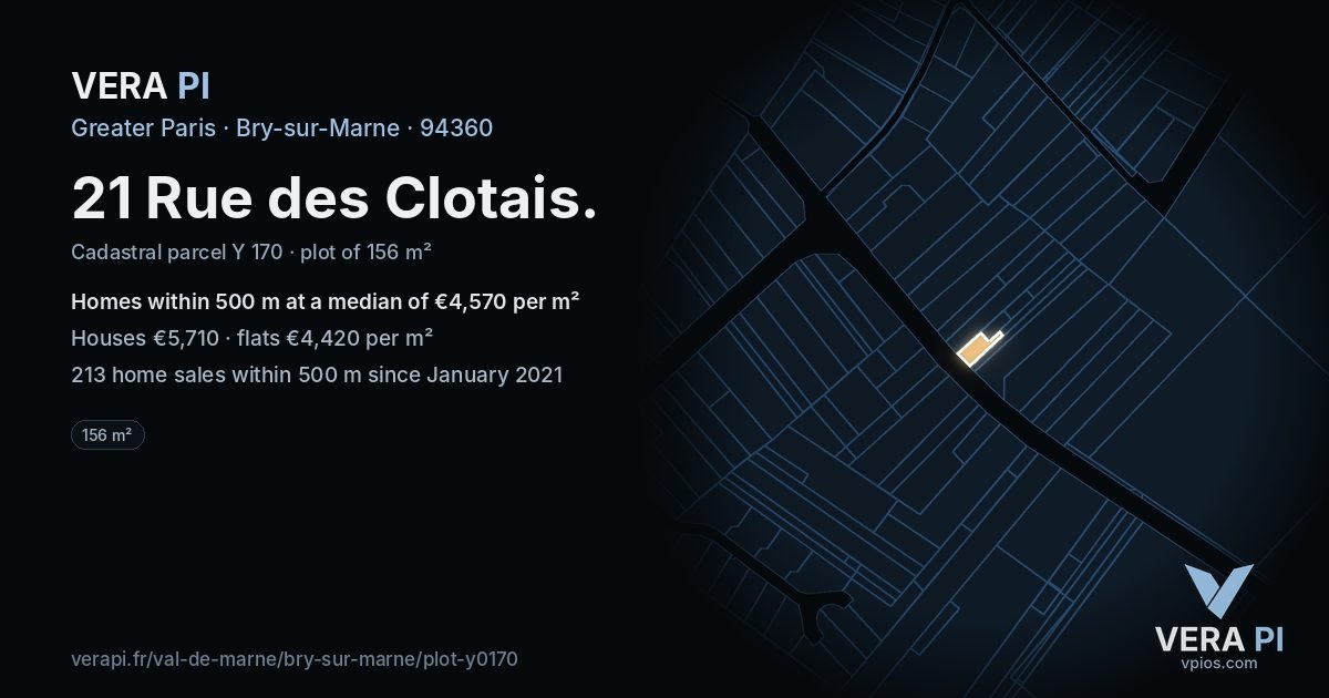 21 Rue des Clotais, Bry-sur-Marne at night – the plot lit, the parcels around coloured by the prices near them
