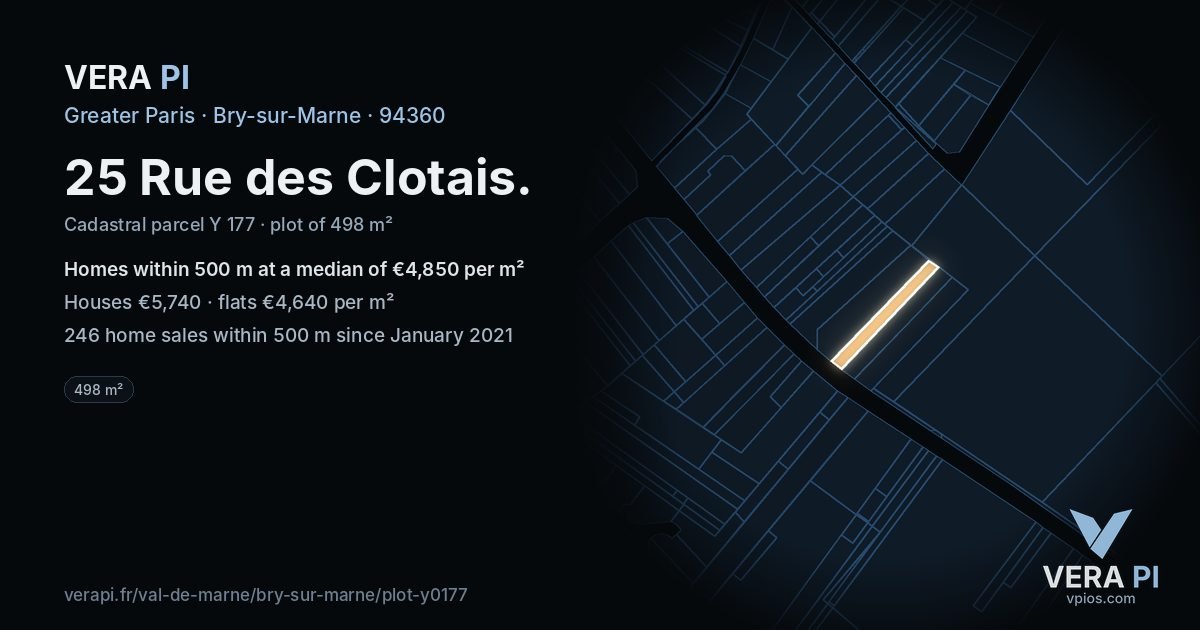 25 Rue des Clotais, Bry-sur-Marne at night – the plot lit, the parcels around coloured by the prices near them