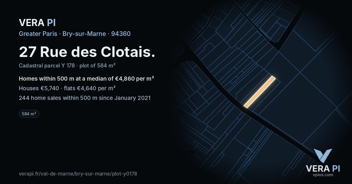 27 Rue des Clotais, Bry-sur-Marne at night – the plot lit, the parcels around coloured by the prices near them