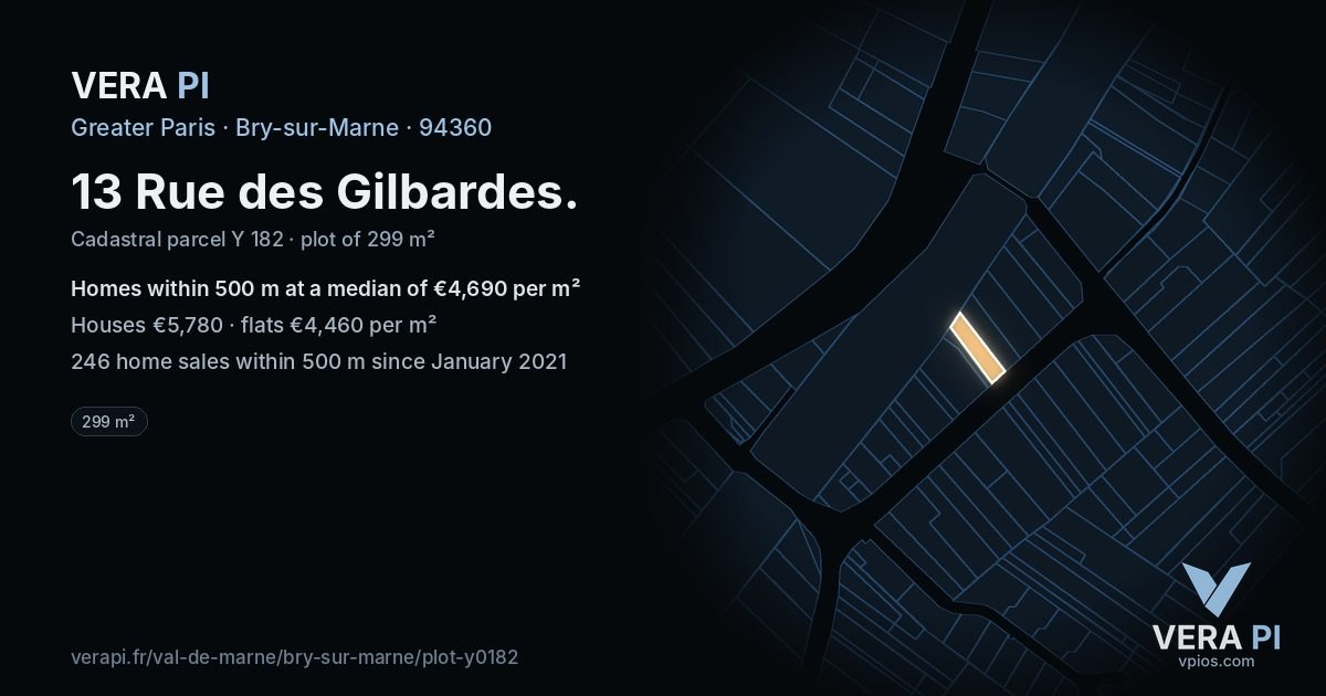 13 Rue des Gilbardes, Bry-sur-Marne at night – the plot lit, the parcels around coloured by the prices near them