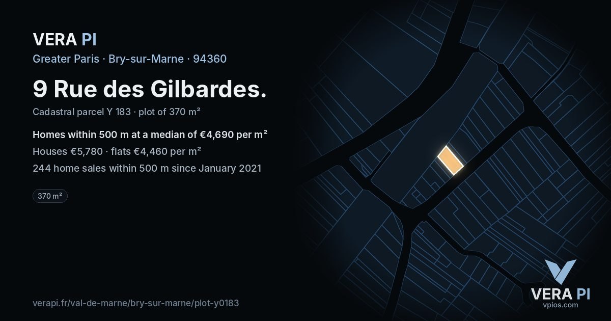 9 Rue des Gilbardes, Bry-sur-Marne at night – the plot lit, the parcels around coloured by the prices near them