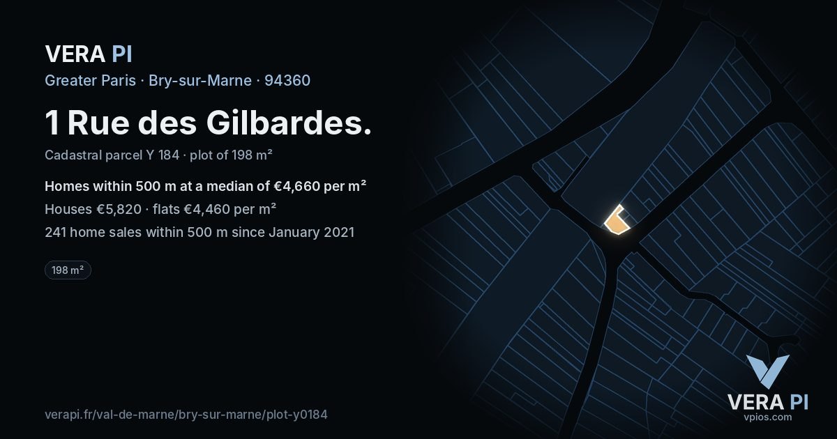 1 Rue des Gilbardes, Bry-sur-Marne at night – the plot lit, the parcels around coloured by the prices near them